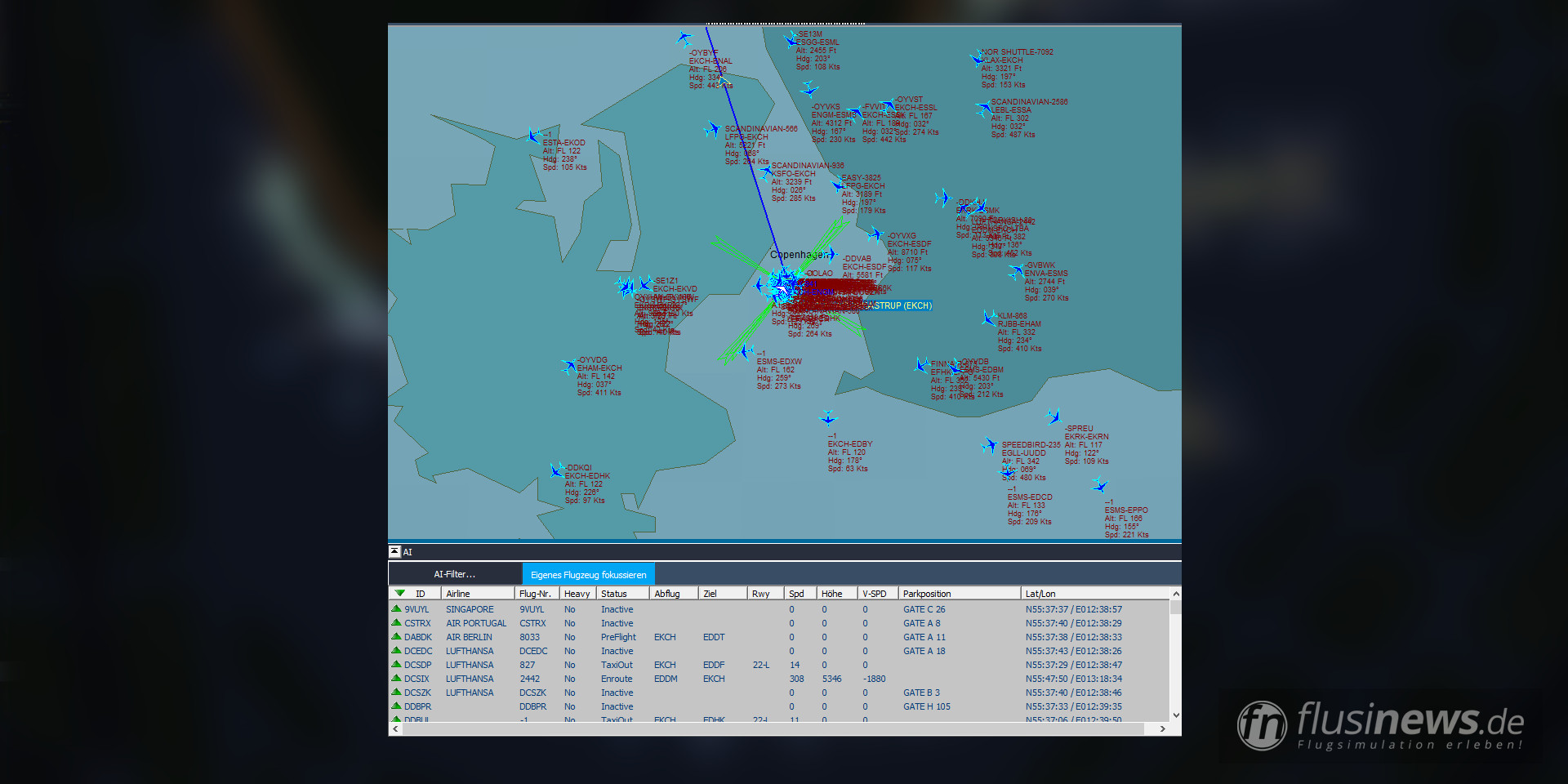 Pro ATC-X Übersicht des Kopenhagener Luftraumes mit AI-Verkehr